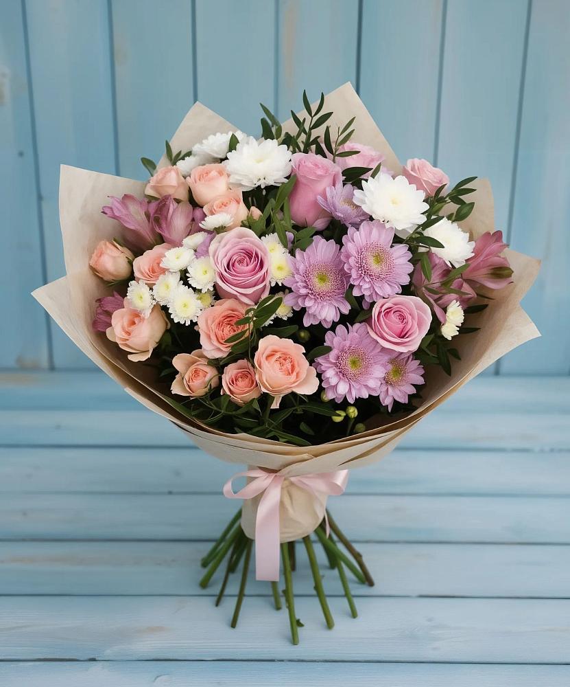 Букет цветов из: Хризантемы, Розы и Альстромерии в Пономаревка Оренбургская область