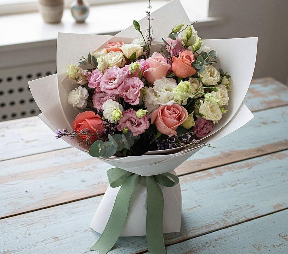 Букет цветов из: Розы, Лизиантусы и Гвоздики в Пономаревка Оренбургская область