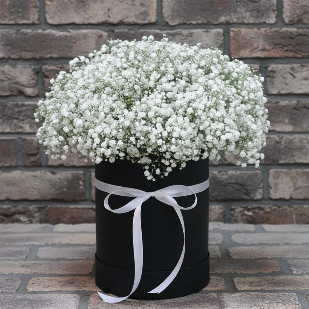 Цветочная композиция из Гипсофила в шляпной коробке в Пономаревка Оренбургская область