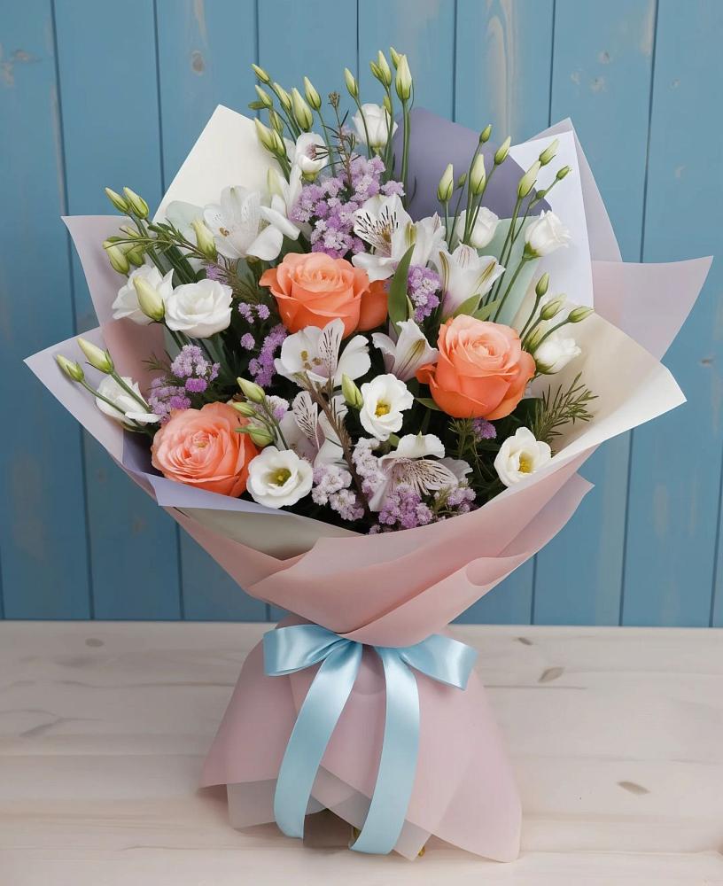 Букет цветов из: Лизиантусы, Розы, Альстромерии и Гипсофила в Пономаревка Оренбургская область