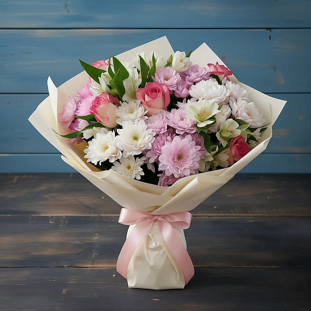 Букет цветов из: Хризантемы, Альстромерии и Розы в Пономаревка Оренбургская область